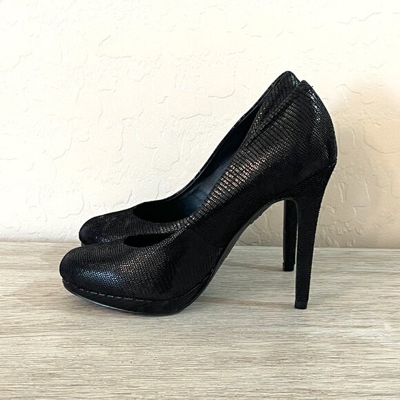 INC International Concepts Louie Black Leather Platform Heels Pumps 6 Worn Once - Picture 8 of 11